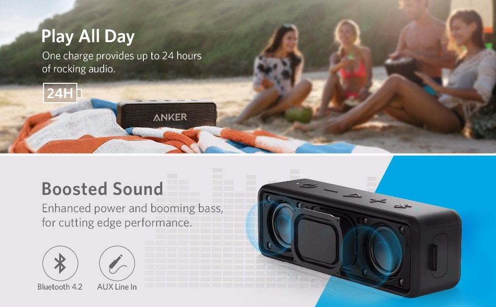 Anker SoundCore 2 Portable Bluetooth Wireless Speaker Better Bass 24-Hour Playtime 66ft Bluetooth Range IPX5 Water Resistance