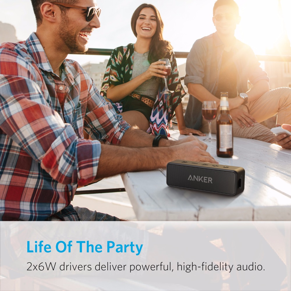 Anker SoundCore 2 Portable Bluetooth Wireless Speaker Better Bass 24-Hour Playtime 66ft Bluetooth Range IPX5 Water Resistance